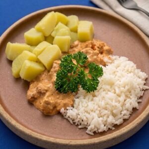 Estrogonofe de frango cremoso com batata sauté