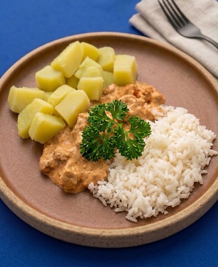Estrogonofe de frango cremoso com batata sauté