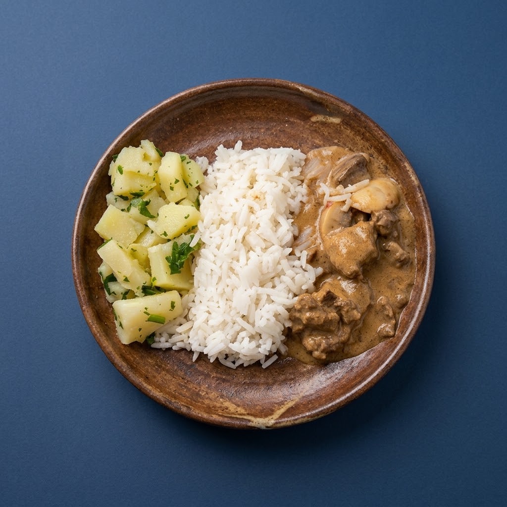 Estrogonofe de carne com arroz branco e batata com salsa