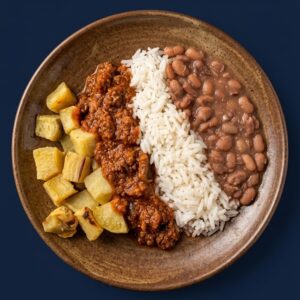 Ensopadinho de músculo, batata doce, arroz e feijão carioca