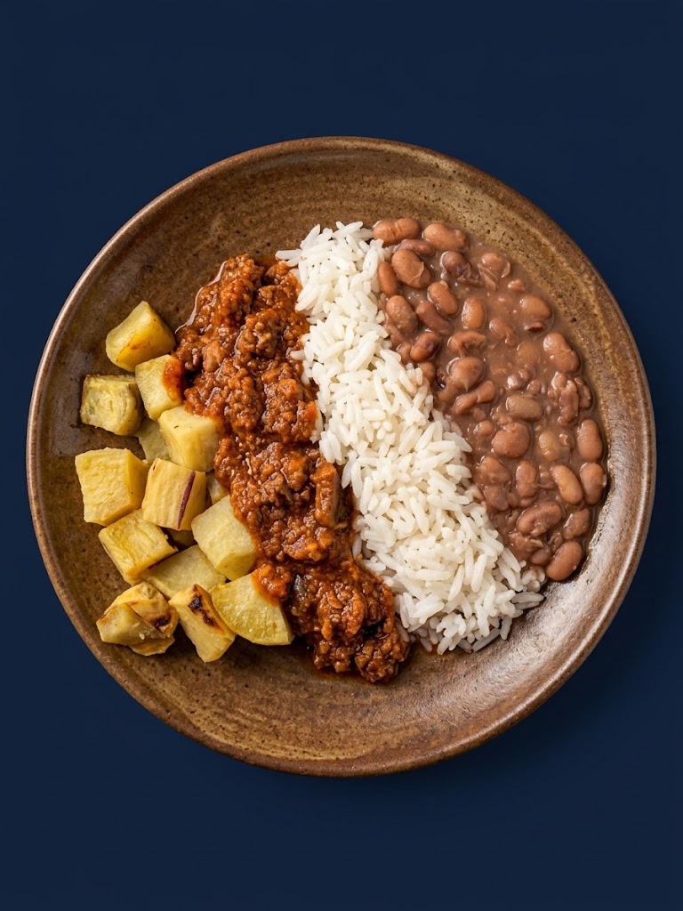 Ensopadinho de músculo, batata doce, arroz e feijão carioca
